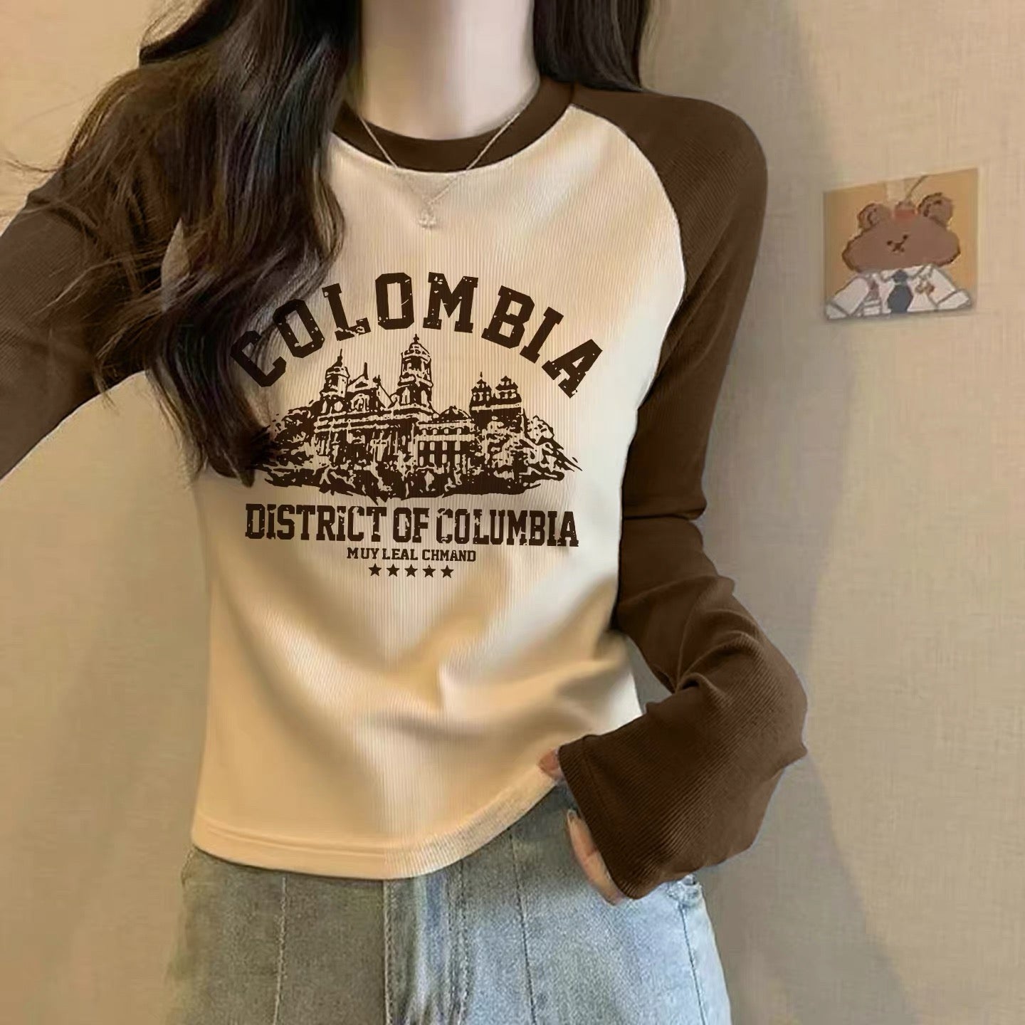 Contrast color pure cotton inner wear design sense splicing long-sleeved T-shirt female 2025 autumn and winter new European goods loose slim top M