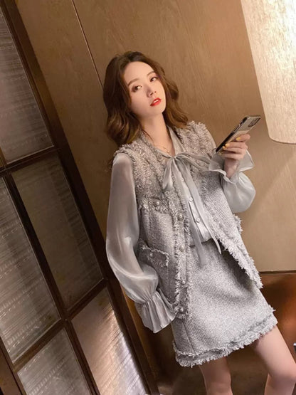 Autumn and winter new style French big-name exquisite celebrity-style shirts, vests, short skirts, three-piece sets with niche design and temperament