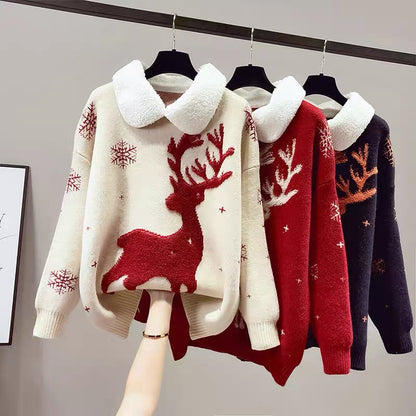 Christmas Sweater Women's Autumn and Winter Clothing Thickened Baby Collar 2023 New Year of the Rabbit Red Clothes Fashionable and Western