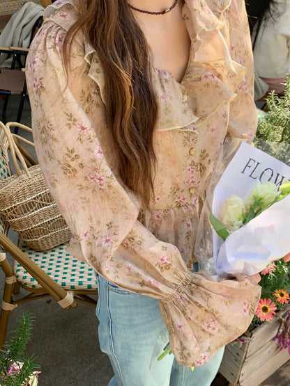 Berry Xiu Er Huan Da Pang Customized Ruffled V-neck Floral Shirt Women's Retro Bell Sleeve Cropped Top