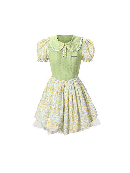 underpass original design green milky sweet doll collar splicing floral knitted slim-fitting puffy dress for women
