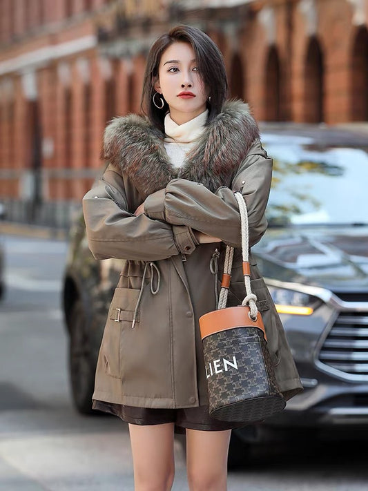 Winter fur parka women's 2023 mid-length hooded removable rex rabbit fur liner raccoon fur placket jacket