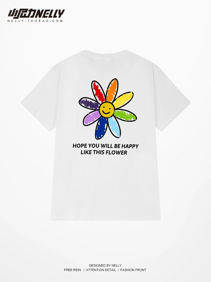 Summer new rainbow smiley sun print short-sleeved T-shirt for men and women 2024 loose couple trendy super hot T-shirt