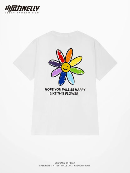 Summer new rainbow smiley sun print short-sleeved T-shirt for men and women 2024 loose couple trendy super hot T-shirt