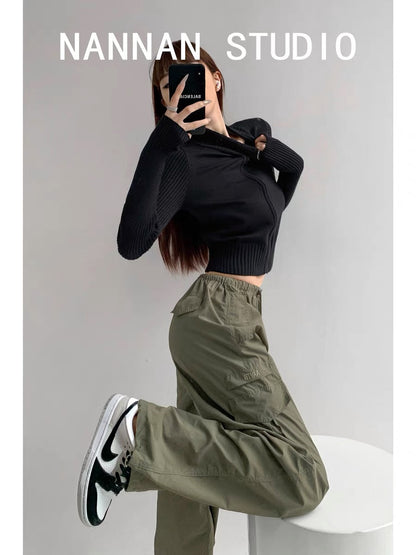 American hottie drawstring low-waist overalls for women in autumn loose pockets and leg-tie paratrooper pants quick-drying sports wide-leg pants (S0825)