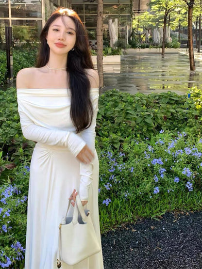 French socialite's pure lustful white one-shoulder autumn dress has a slim waist and a sexy inner long skirt A2282