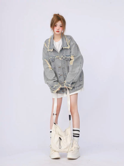 American retro high street trendy brand oversize workwear washed distressed ripped denim jacket women's spring and autumn jacket A3352