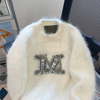 European goods beautiful lazy style heavy sequined letter sweater men and women autumn and winter thickened mohair soft glutinous knitted jacket