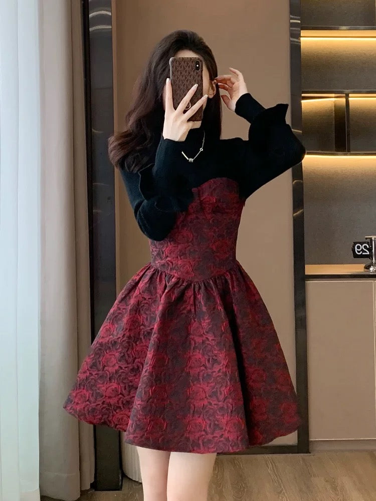 New autumn and winter high-end French style beautiful long-sleeved splicing dress for small women slimming tall red short skirt