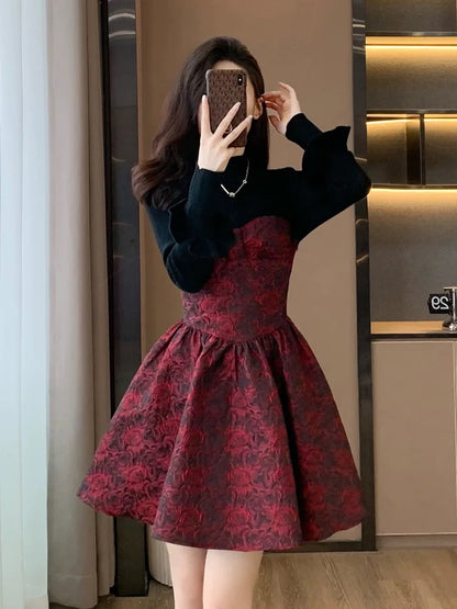 New autumn and winter high-end French style beautiful long-sleeved splicing dress for small women slimming tall red short skirt