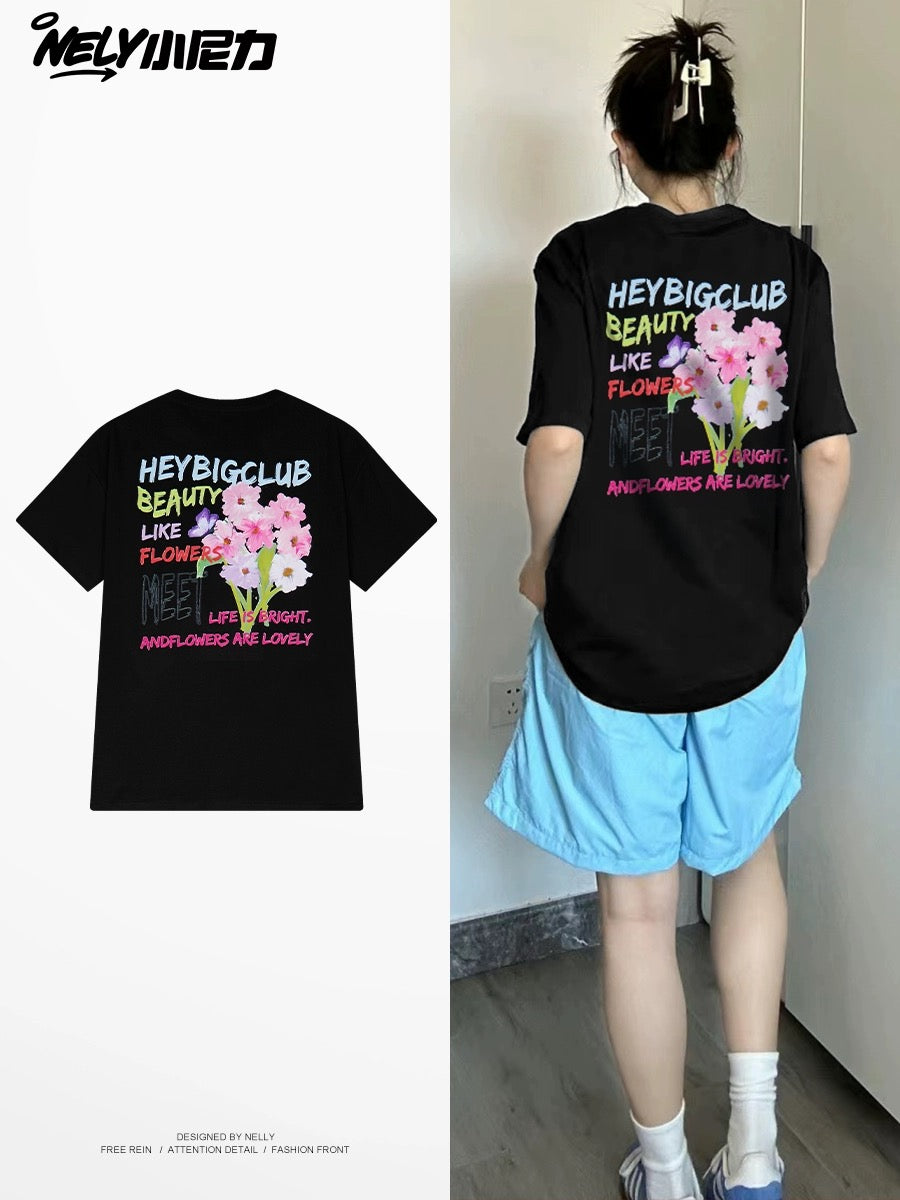 Nely American floral letter print short-sleeved T-shirt for men and women summer loose versatile casual couple tops