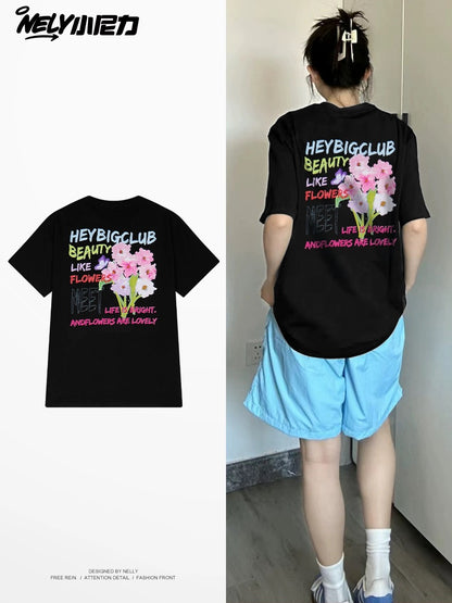 Nely American floral letter print short-sleeved T-shirt for men and women summer loose versatile casual couple tops