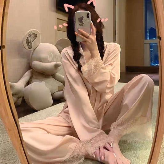 Pajamas for women spring and autumn new ice silk retro princess style long-sleeved summer thin style Internet celebrity sweet home wear two-piece suit