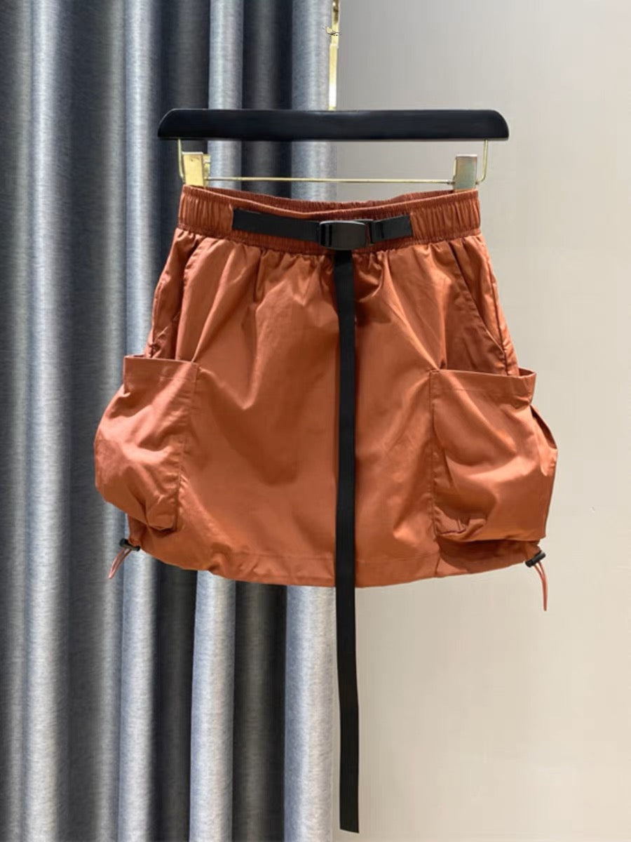 Summer workwear short skirt for women 2023 thin drawstring elastic waist large pockets A-line age-reducing flower bud skirt to prevent exposure