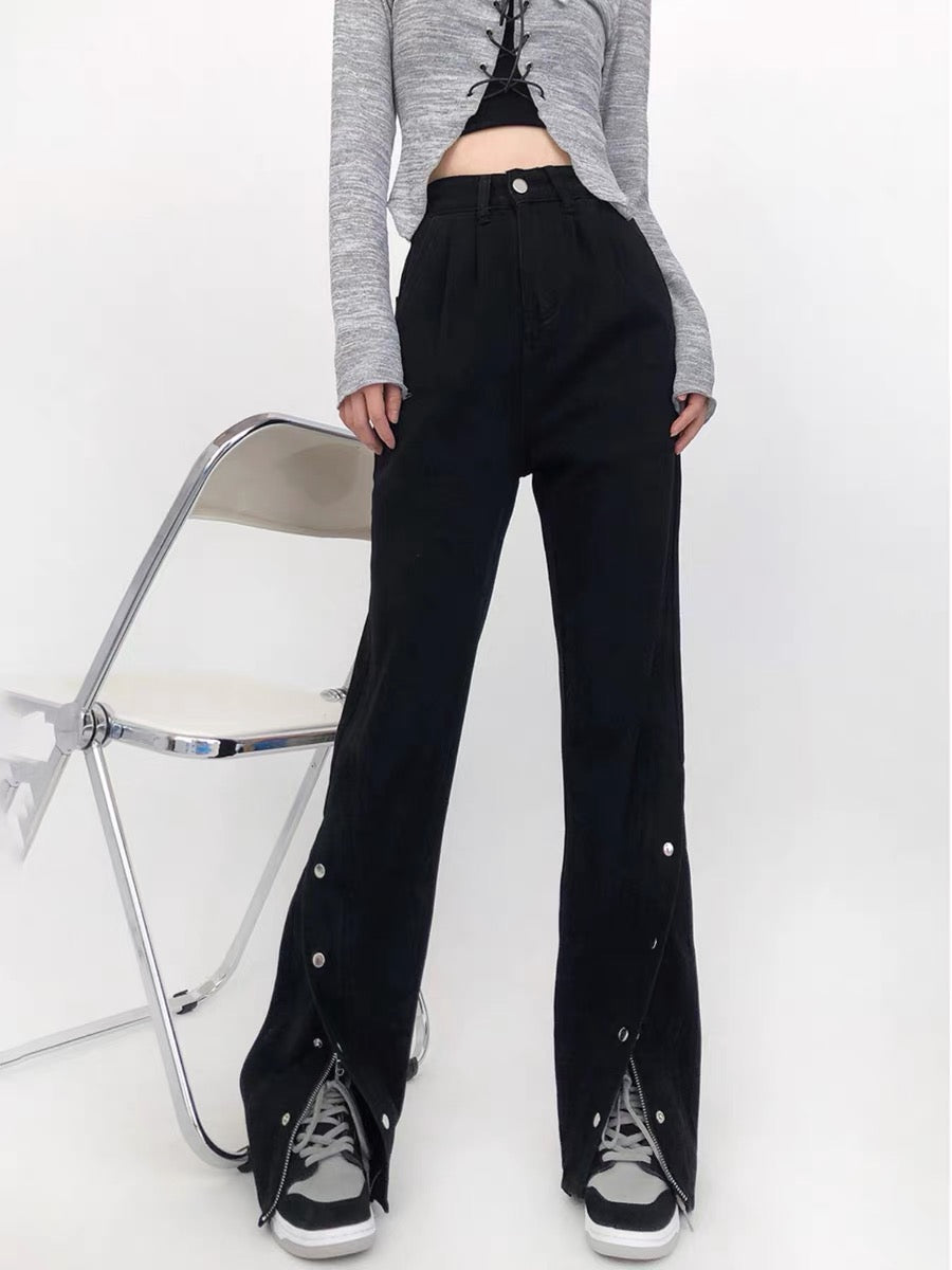 Micro-flare slit jeans for women plus size fat MM high-waist slim loose wide-leg pants pear-shaped body pants American style A3364