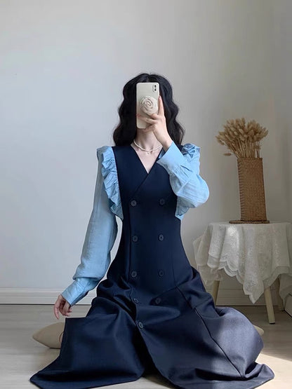 Autumn women's clothing 2023 new high-end A-line long skirt double-breasted French waist slimming light mature style dress