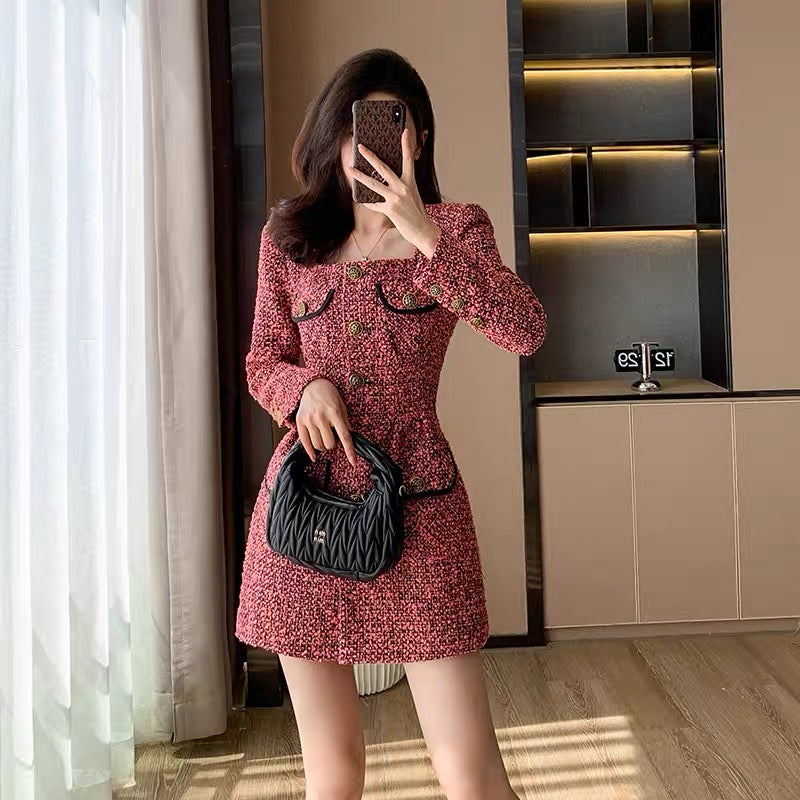 High-end red tweed small fragrant dress for women autumn 2023 new style small New Year skirt retro