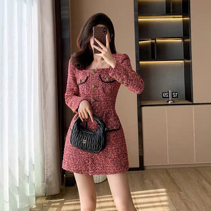 High-end red tweed small fragrant dress for women autumn 2023 new style small New Year skirt retro