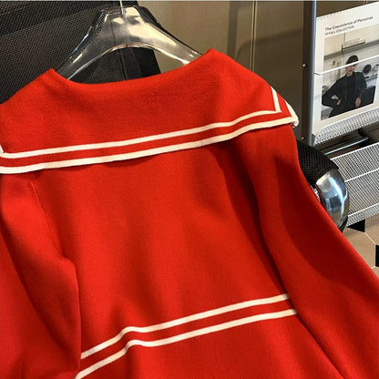 Star's same style chain pocket navy collar long-sleeved sweater dress retro slim mid-length knitted skirt autumn