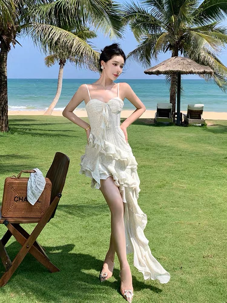 Beautiful irregular ruffles sexy floral sling dress female summer seaside vacation waist long skirt fairy air