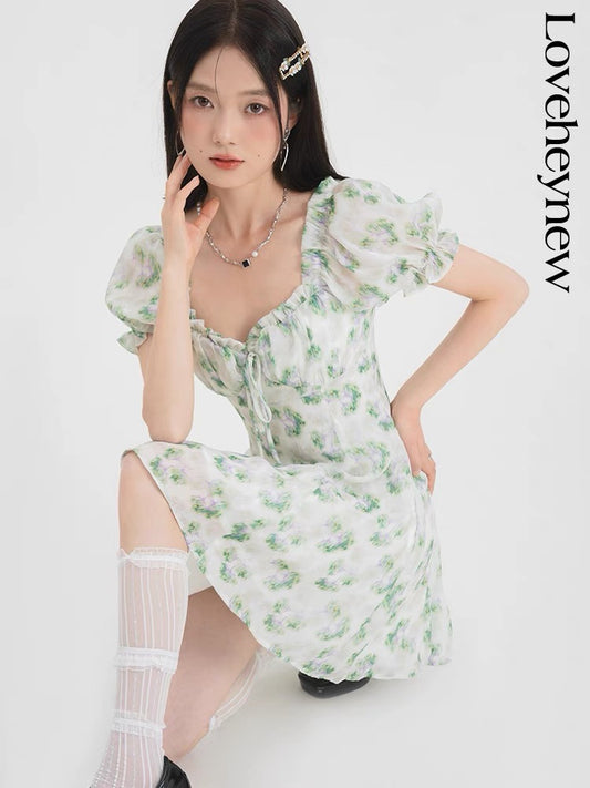 LOVEHEYNEW heavy fabric floral dress women's summer 2023 new design puff sleeve short skirt D810