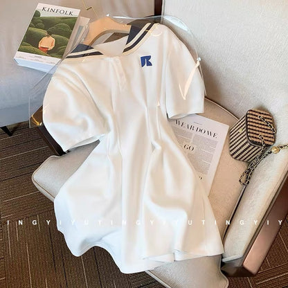 White age-reducing college style navy collar dress for women 2023 summer new style waist-cinching high-end casual puff sleeve dress