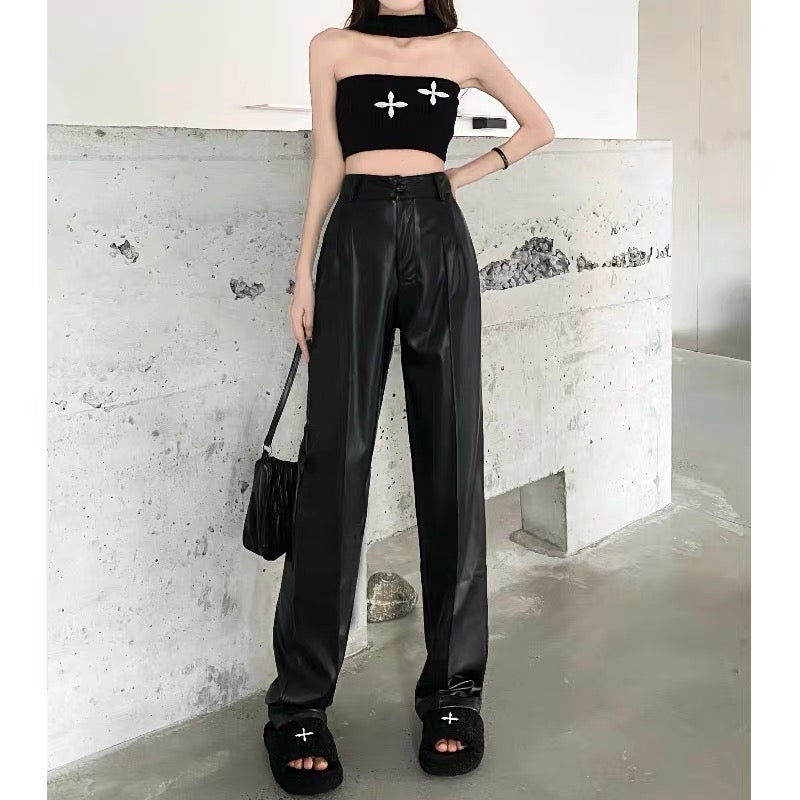 Summer high waist thin straight loose casual leather pants women's drape black wide-leg pants design sense niche long pants