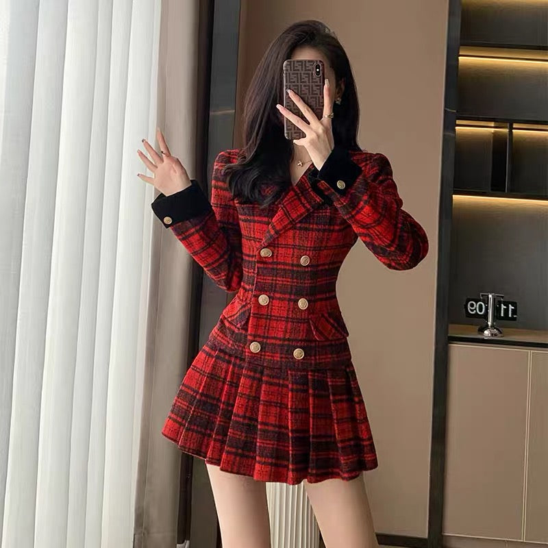 2023 new autumn women's clothing small fragrance style high-end red dress women's autumn and winter niche design suit skirt