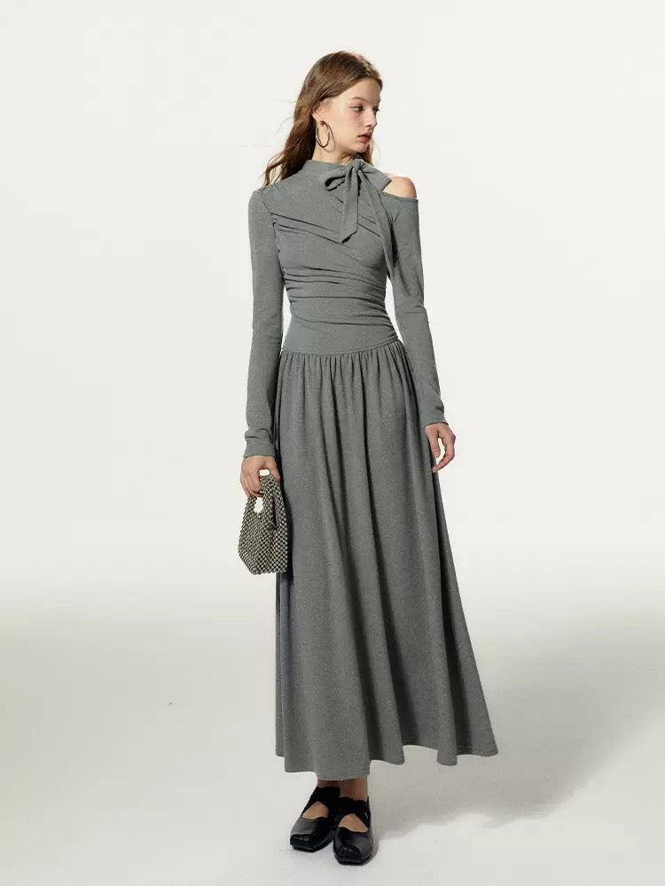 BOHOL BLING mint is not cool, off-shoulder pleated slim long-sleeved A-line long bottoming dress for women in autumn and winter