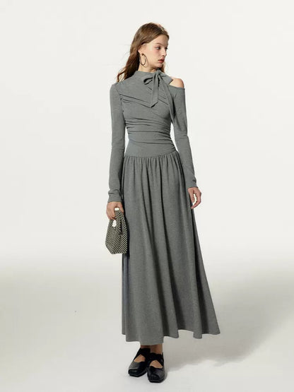 BOHOL BLING mint is not cool, off-shoulder pleated slim long-sleeved A-line long bottoming dress for women in autumn and winter