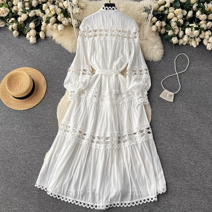 French retro palace style stand-up collar hollow single-breasted long-sleeved dress with waist and elegant high-end feel (S0991)