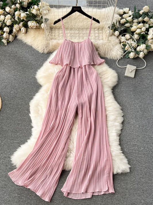 ins holiday style jumpsuit women's sweet ruffled tube top slim fit long heavy pleated suspenders wide-leg pants