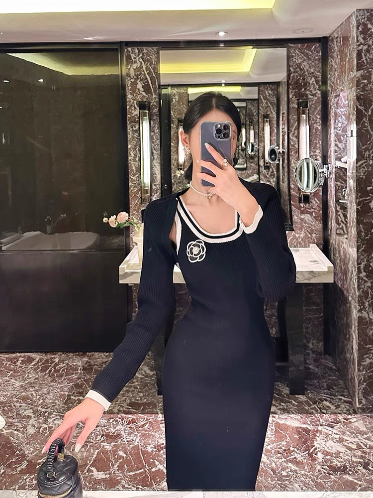 BETTER LS Xiaoxiangfeng knitted suit skirt for women autumn long-sleeved cardigan coat suspender dress two-piece set (D0987)