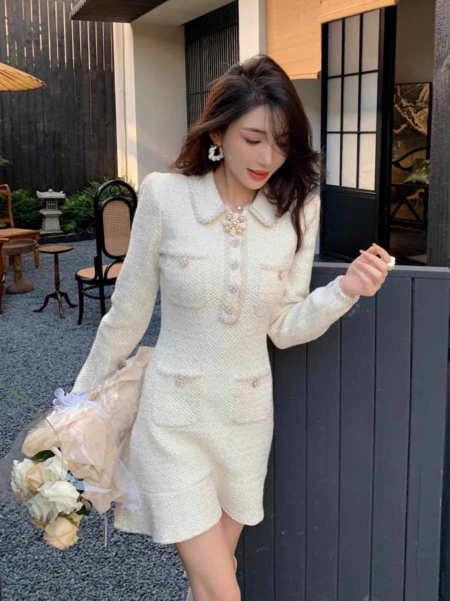 2023 autumn and winter socialite daughter Xiaoxiang style French gentle and sweet knitted lapel long-sleeved dress sweater short skirt (D172)