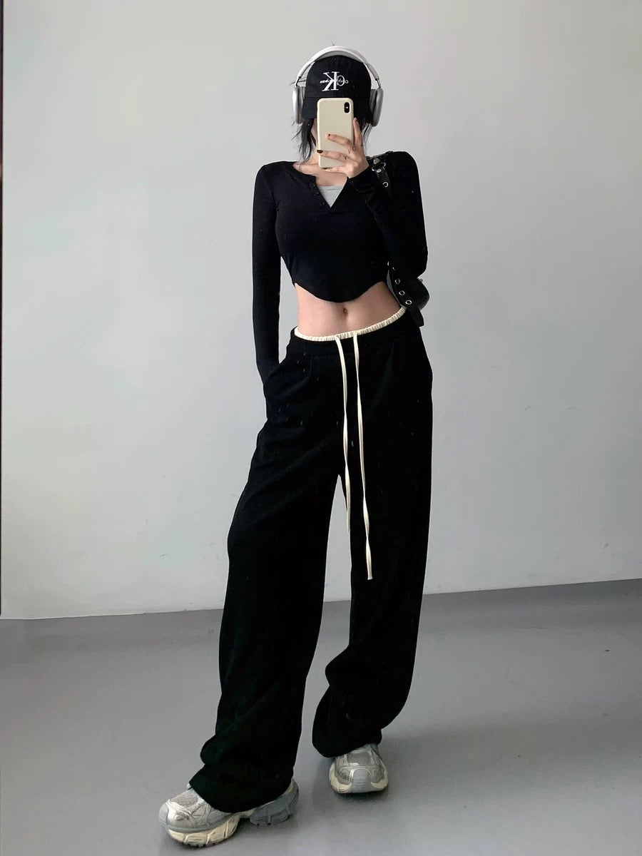 Contrast color splicing casual straight-leg sweatpants for women 2024 spring and autumn new high-waisted slimming versatile sports wide-leg floor-length pants