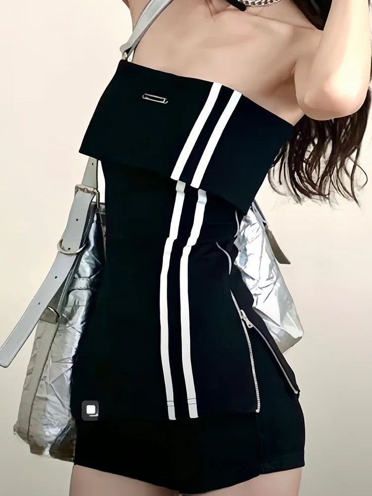 MOXI super A hot girl retro one-shoulder European and American sweet and spicy black outer tube top skirt