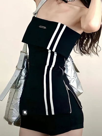 MOXI super A hot girl retro one-shoulder European and American sweet and spicy black outer tube top skirt