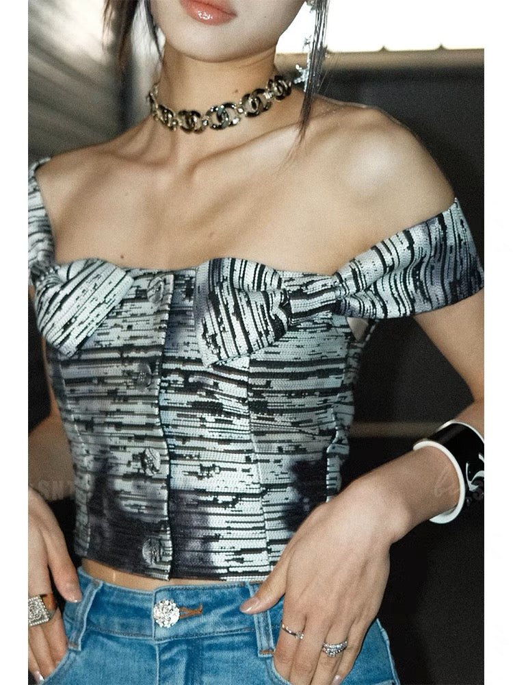 SNT Ace retro ink line jacquard pattern bow hottie tight short off-shoulder one-shoulder top for women