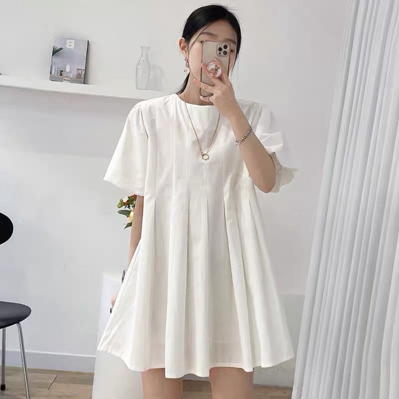 Korean chic summer simple temperament round neck pleated waist slim lantern sleeve A-line dress skirt female