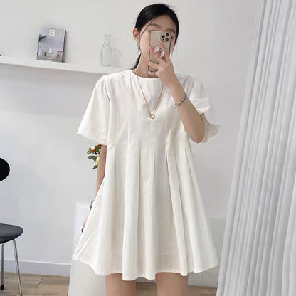 Korean chic summer simple temperament round neck pleated waist slim lantern sleeve A-line dress skirt female