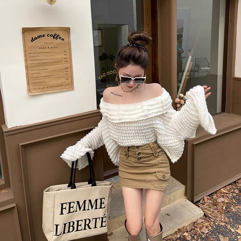 Small P Clothes Stand Red One-shoulder Sweater Women's Autumn and Winter High-Quality Bell Sleeve Lazy Style Knitted Sweater Top for Women (S0941)