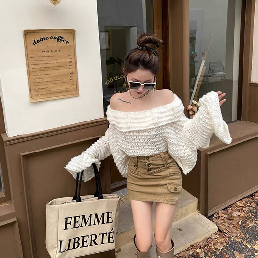 Small P Clothes Stand Red One-shoulder Sweater Women's Autumn and Winter High-Quality Bell Sleeve Lazy Style Knitted Sweater Top for Women (S0941)