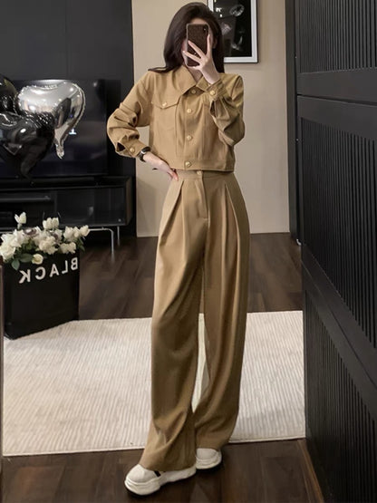 European goods 2023 spring and autumn new style acetate top women's short coat casual suit pants suit two-piece set for women