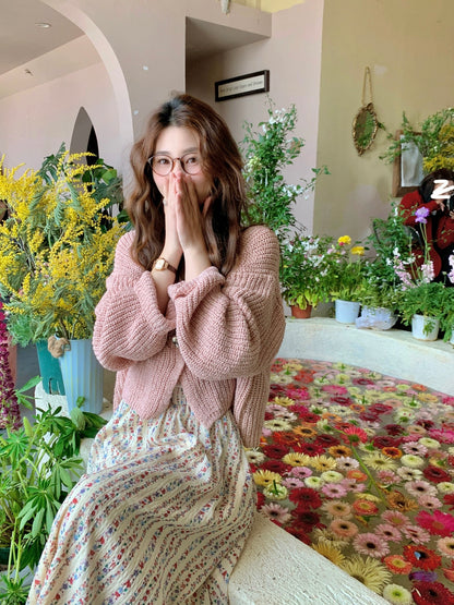 Berry Like You and Huan Big Customized Beige High Waist Floral Skirt Women's Slim and Versatile A-Line Long Skirt