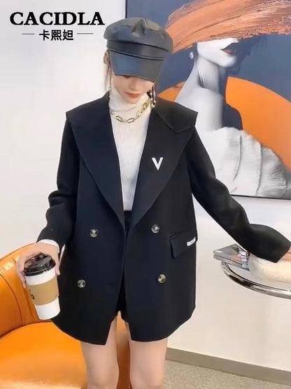 Short double-sided woolen cashmere coat for women 2023 autumn and winter loose Korean style navy collar double-sided woolen coat