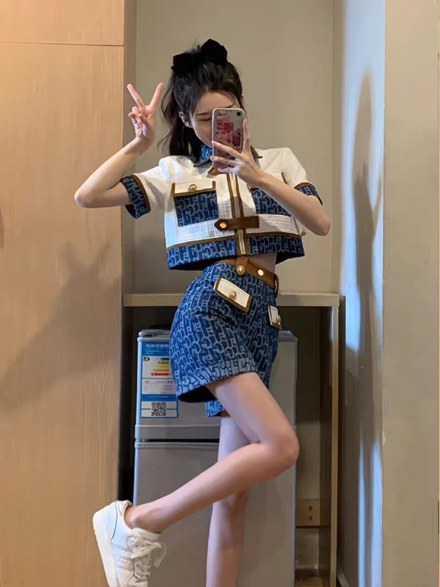 MUEL Original ◆Small fragrant style denim suit for women in summer, small Internet celebrity street casual high-end two-piece set (S036)