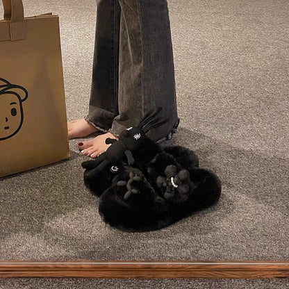 Internet celebrity Korean version of cute rabbit fur shoes for women's outerwear 2023 autumn and winter new thick-soled one-word plush cotton slippers (S0711)