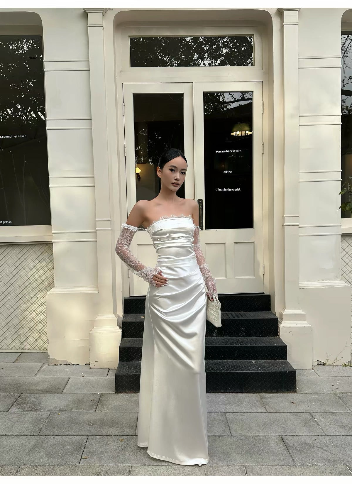 VENUIE French-style satin dress—perfect for annual galas, banquets, birthdays, engagements, or graduation. Features a white strapless design and an elegant, lightweight silhouette