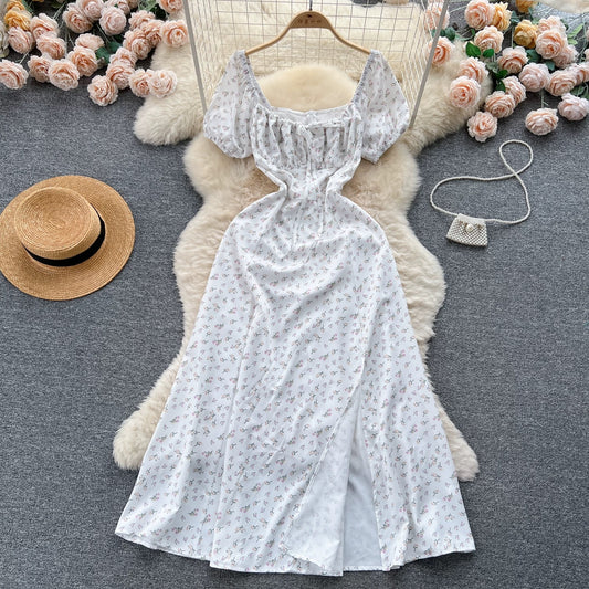 French pure desire high-grade floral puff sleeve dress for women summer slim temperament super fairy forest style slit long skirt
