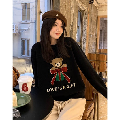 Ayi cute bear embroidered sweater for women spring and autumn loose thick lazy style Christmas style gentle knitted top